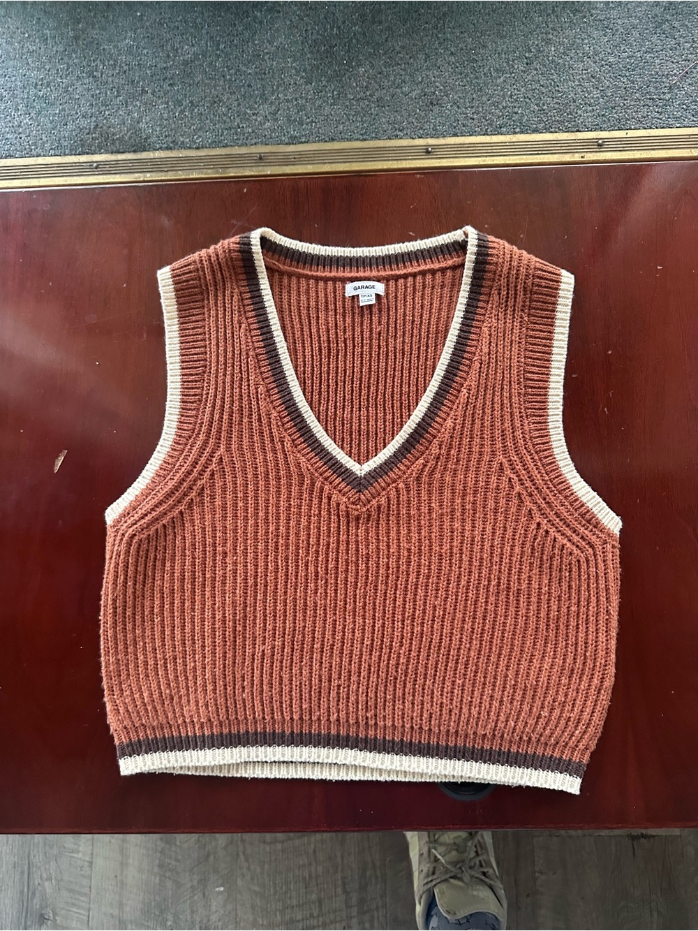 Garage Rust V-Neck Sweater Vest with Cream & Brown Trim